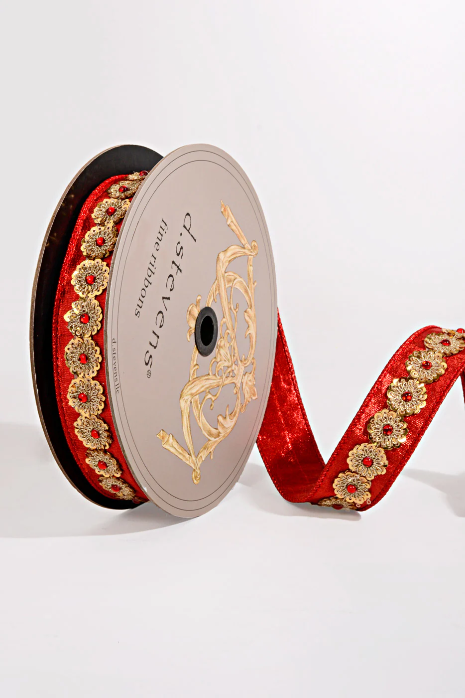 1.5" X 10Yds Metallic Dupion Gold Sequin Trim Ribbon Red - Image 2