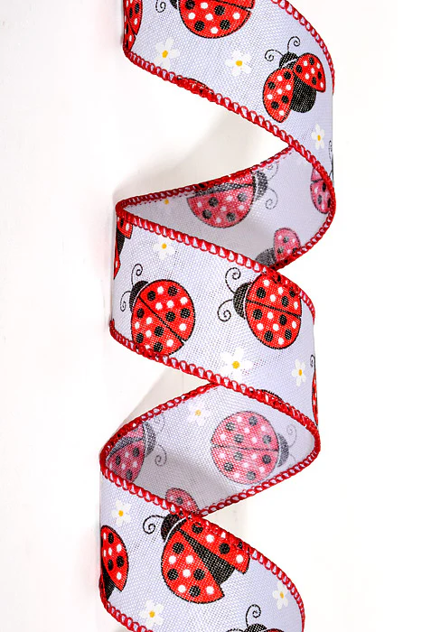 1.5" x 10Yds Wired Linen Lady Bugs & Daisies Ribbon White/Red