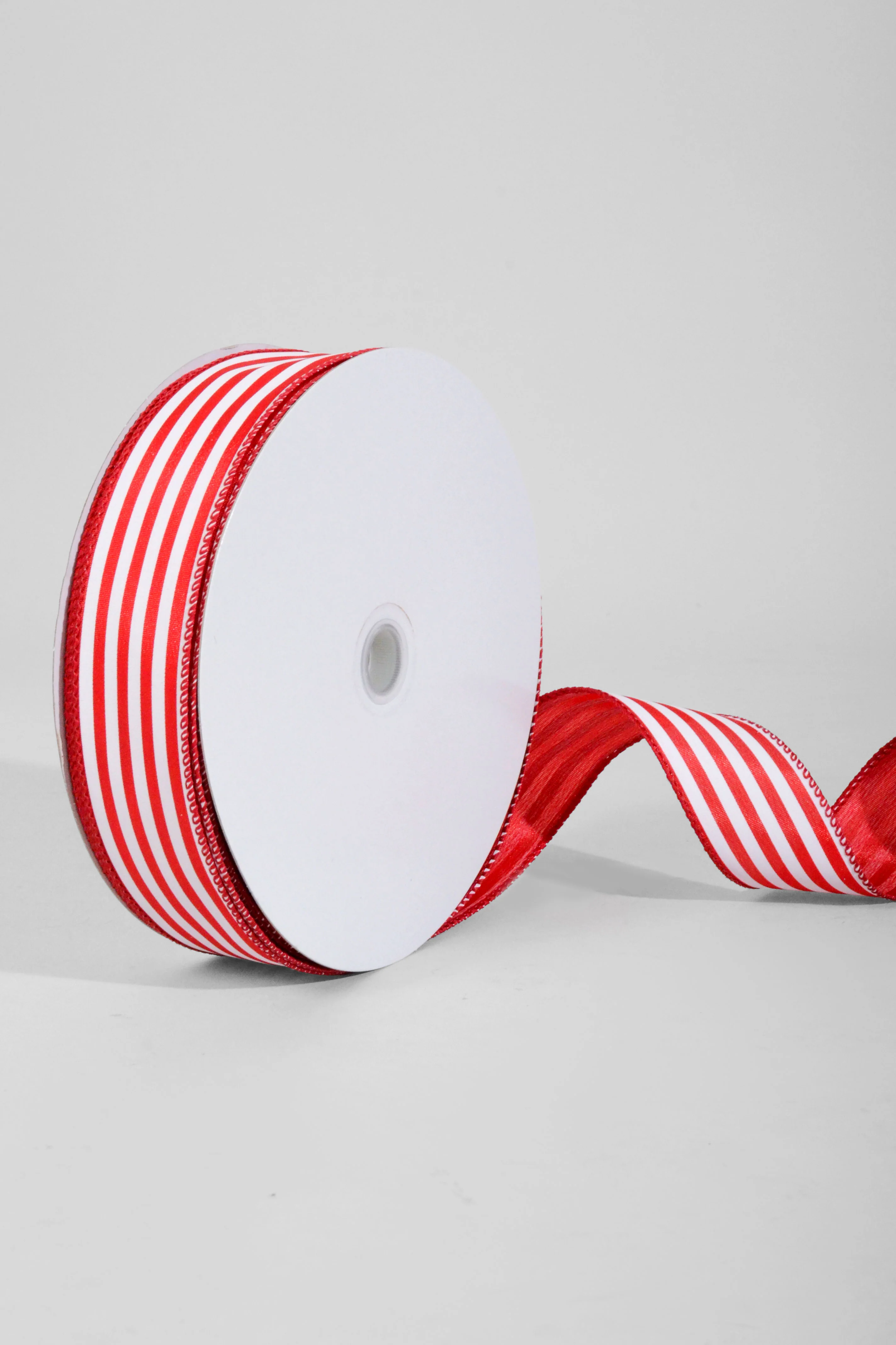 1.5" x 50Yds Red Satin With White Cabana Stripes