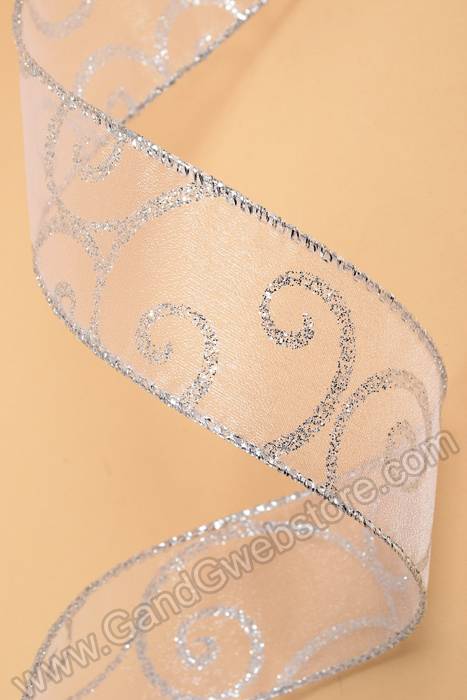1.5" X 50yds Swirl Wired Ribbon White/silver - Image 2