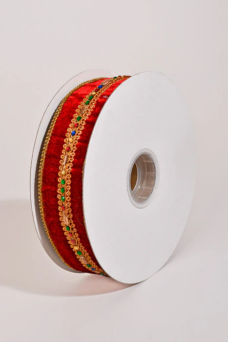 1.5" X 5Yds Wired Diamond Jewel Trim Velvet Ribbon Red/Gold - Image 2
