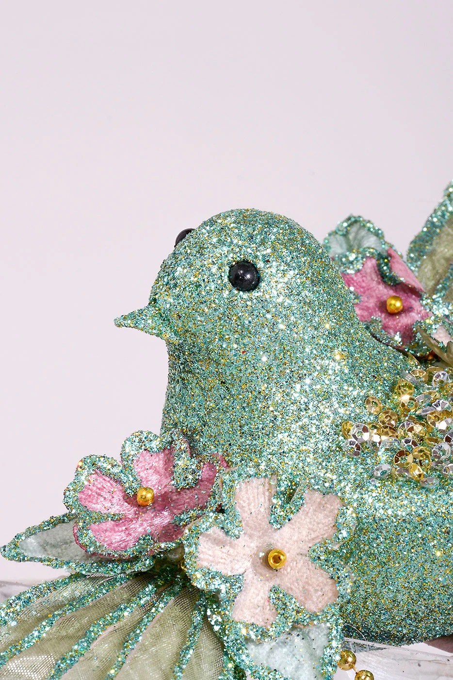 10" Glitter/Pearl Flower Bird Ornament Mint Green - Image 2