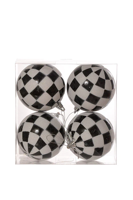 100Mm Checker Ball Ornament (Black/White) Pkg/4 - Image 2