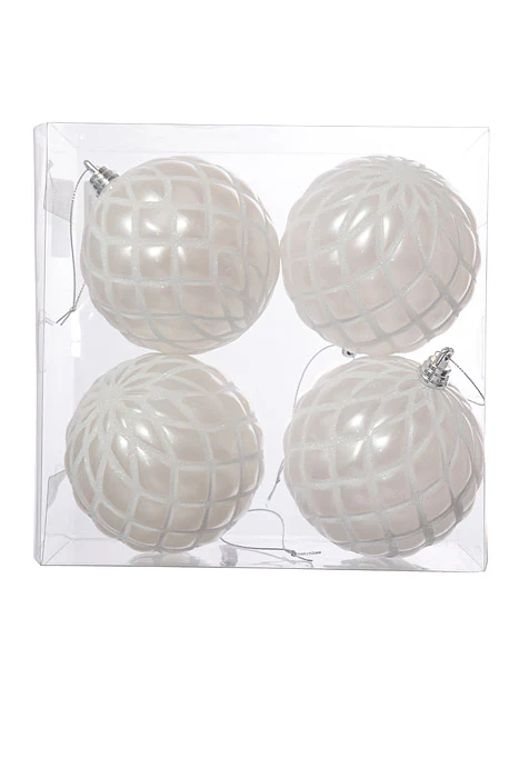 100Mm Design Ball With Glitter Ornament White Pkg/4 - Image 2