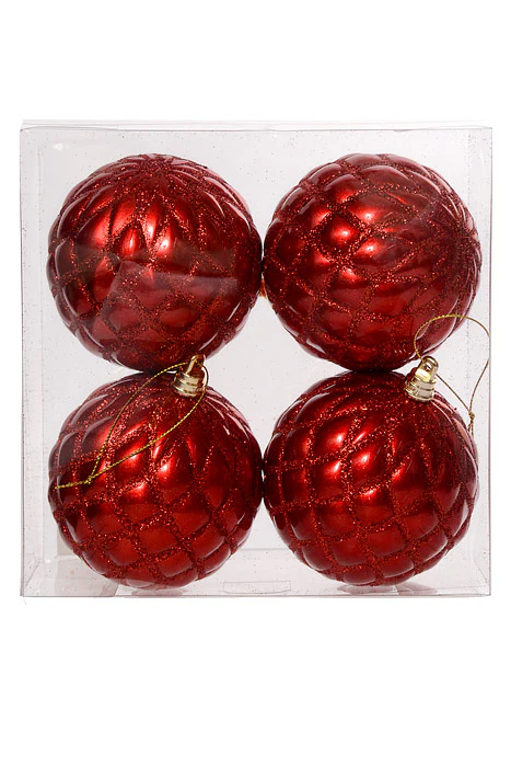 100Mm Design Ornament Ball With Glitter Red Pkg/4 - Image 2