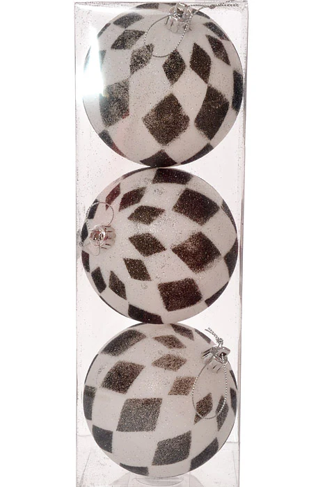 100mm Plastic Glitter Harlequin Ball Ornament Black/White Box-3 - Image 2
