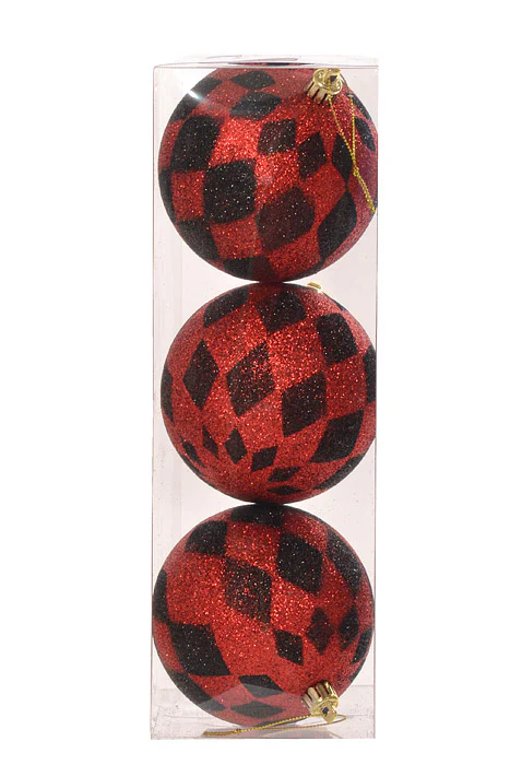 100mm Plastic Glitter Harlequin Ball Ornament Red/Black Box-3 - Image 2