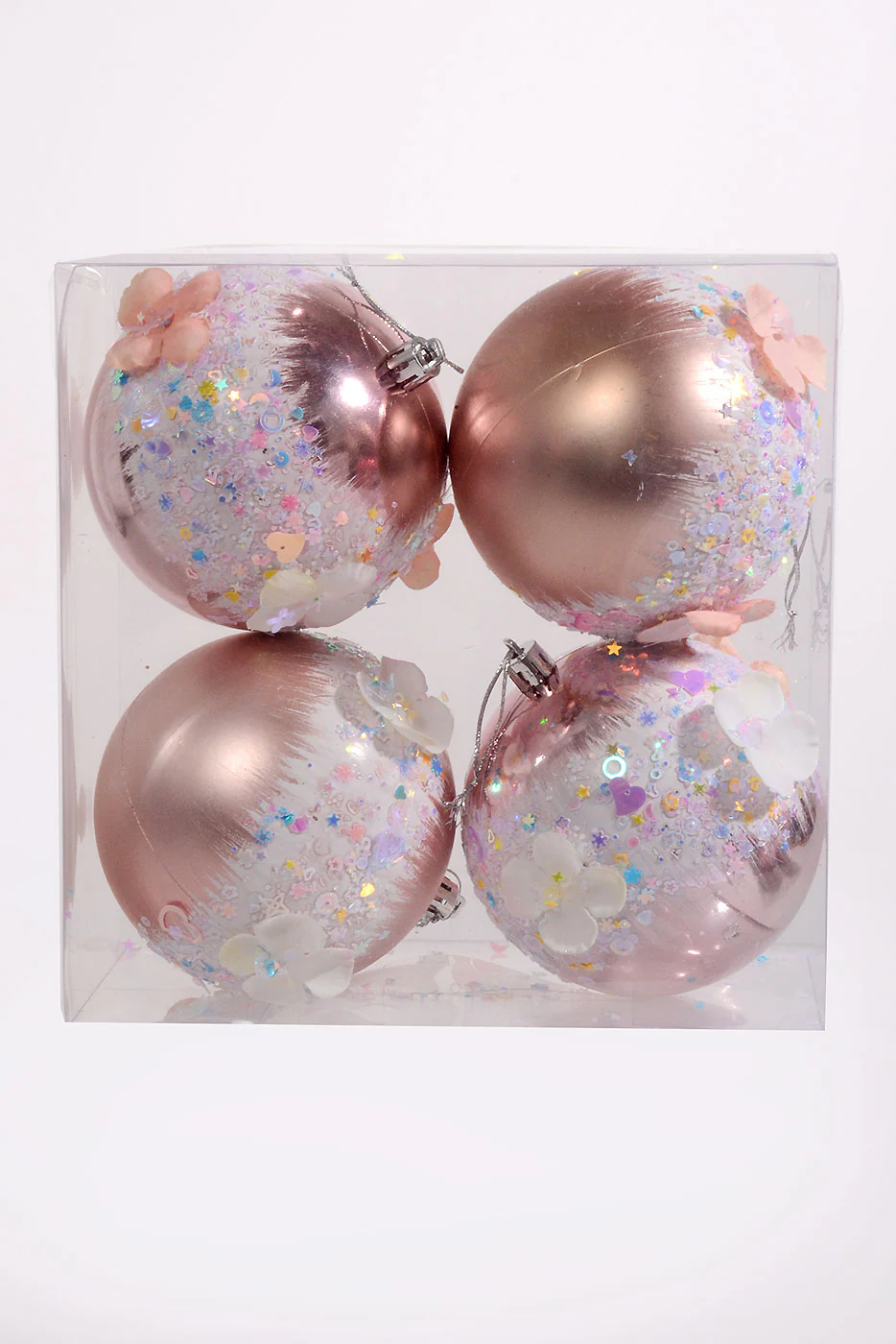 100Mm Plastic Shiny Matt W/Sequin Flower Ornament Pink Box-4 - Image 4