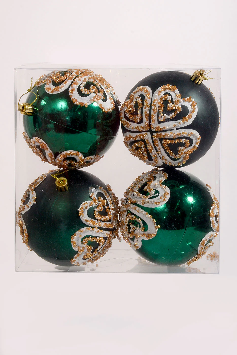 100Mm Plastic Shiny Matt W/Sequin Ornament Dark Green/White Box-4 - Image 3