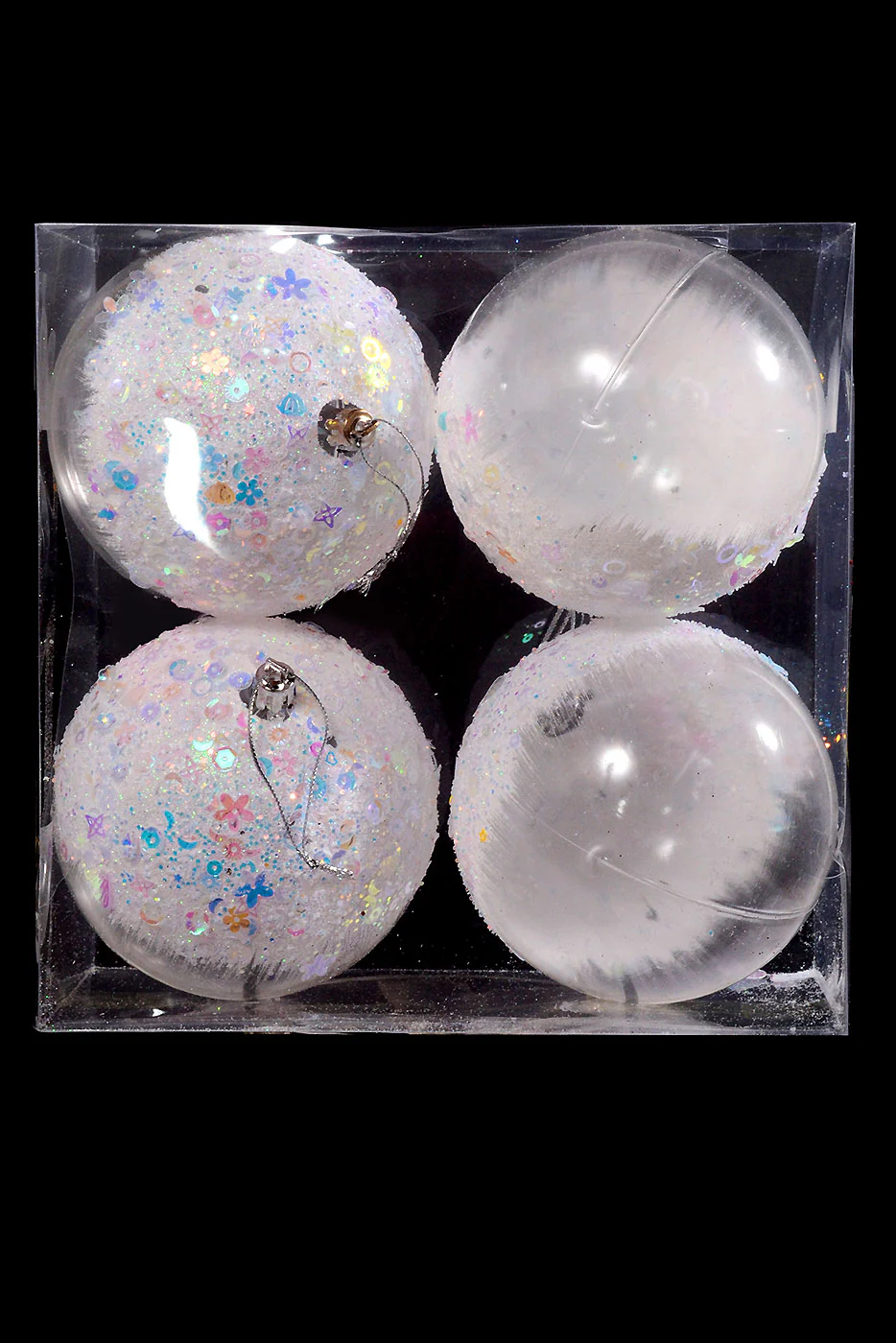 100Mm Plastic Snow W/Glitter/Sequin Ball Ornament White/Clear Box-4 - Image 3