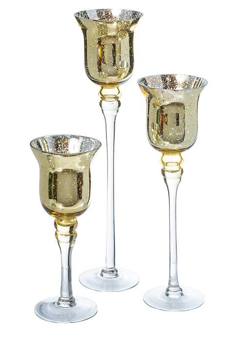 12"/ 15.75"/ 19.75" Mercury Glass Candle Holder Gold Set/3