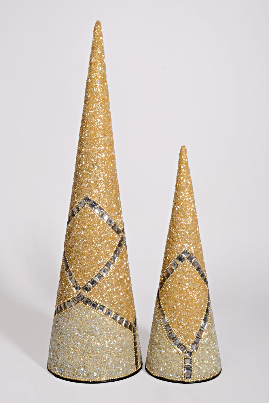 12"/18'' Glitter with Beads Gatsby Cone Tree Champagne/Gold Set/2