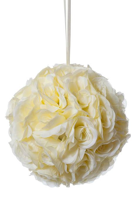 12" Rose Ball W/ribbon Ivory