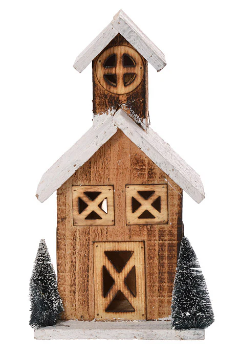 12"  Wooden House With Lights Natural/White