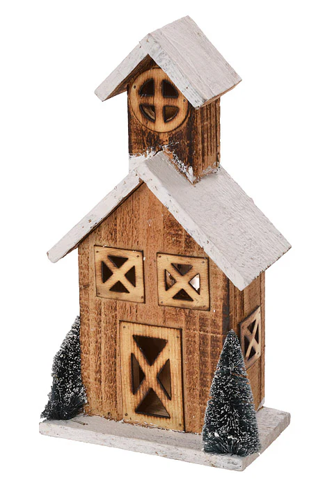 12"  Wooden House With Lights Natural/White - Image 2