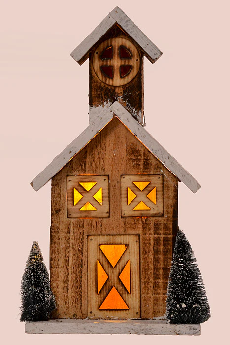 12"  Wooden House With Lights Natural/White - Image 3