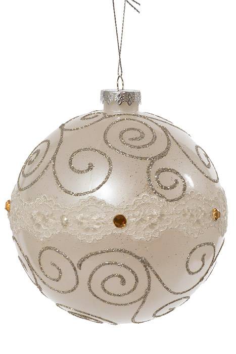 120mm Ball Ornament W/ Glitter/Lace White
