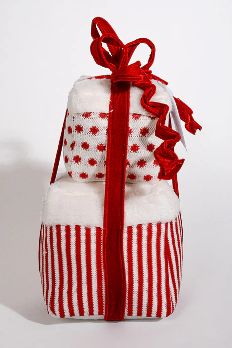 13" Fur Gift Box W/Polka Dots & Stripe Red/White - Image 3