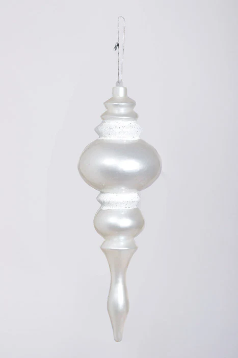14" Finial Ornament W/Iridescent/Glitter White/silver