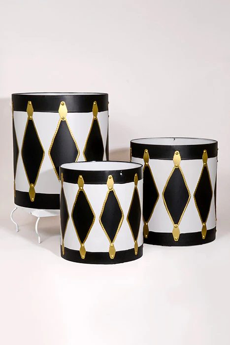 15.25"/17.75"/20.25" Metal Drum White/Black/Gold Set/3