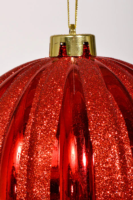 150Mm Shiny Pumpkin Ball With Glitter Ornament Red - Image 2