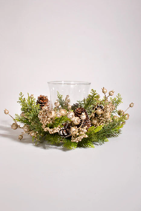 16" Berry Cone Pine Glass Candle Holder Champagne