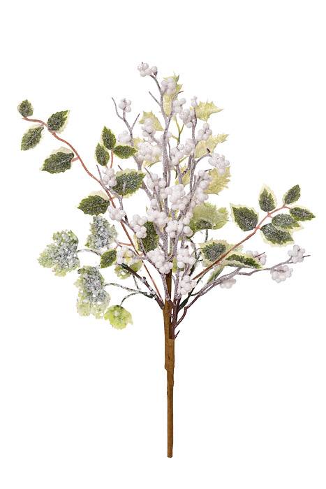16" Frosted Berry Holly Leaf Pick Green/White Frosted