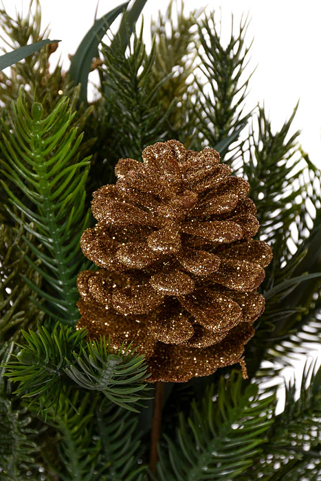 16" Glitter Pine Cone Sedum Pine Bouquet Green/Gold - Image 2