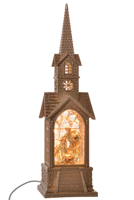 16" Led Battery Timer Nativity Church Water Globe Champagne - Image 3
