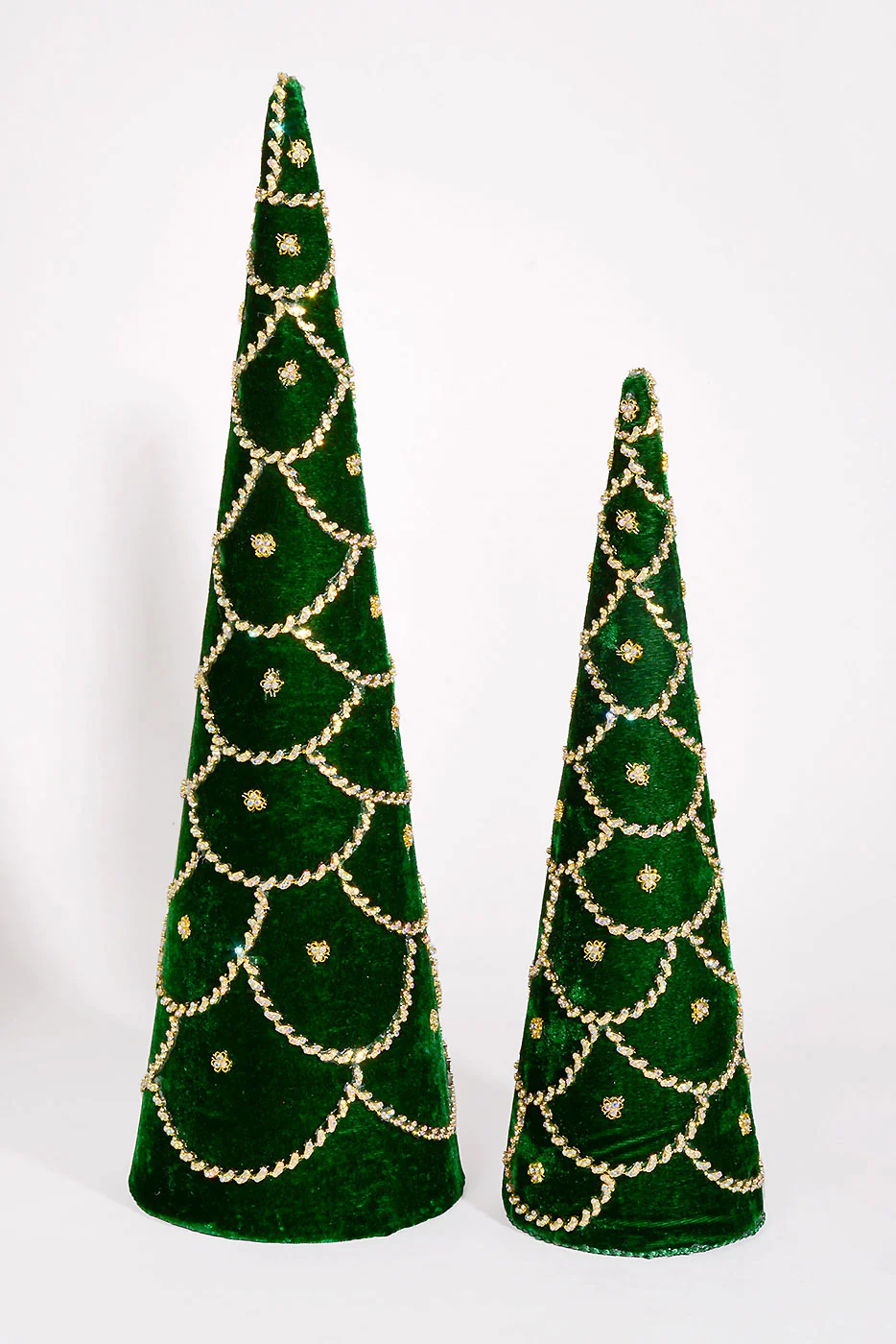 18''/24'' Jeweled Scalloped Velvet Cone Tree Green Set/2