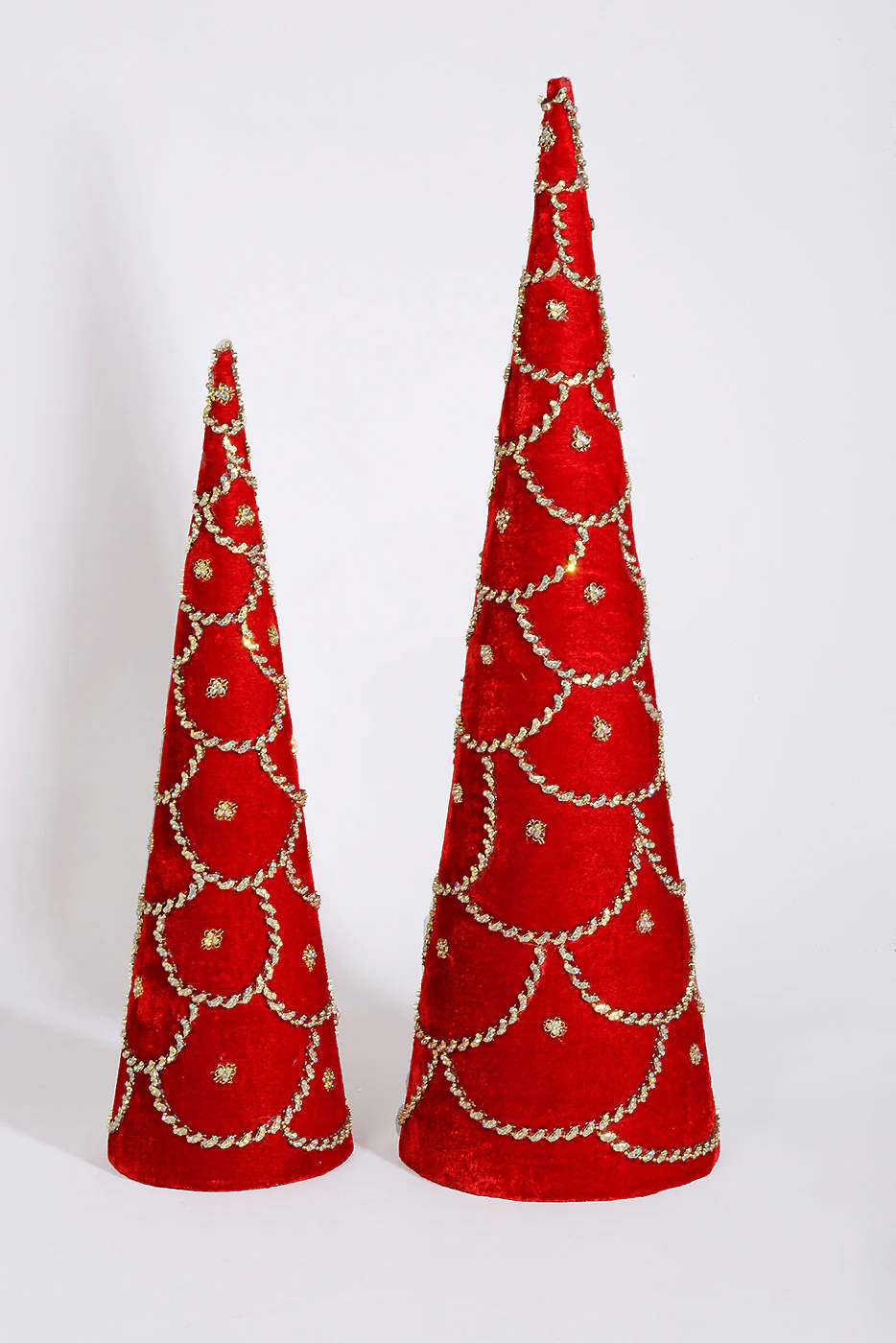 18''/24'' Jeweled Scalloped Velvet Cone Tree Red Set/2