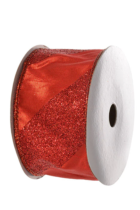 2.5" X 10Yds Glittered Stripe Dupion Ribbon (Red) - Image 2