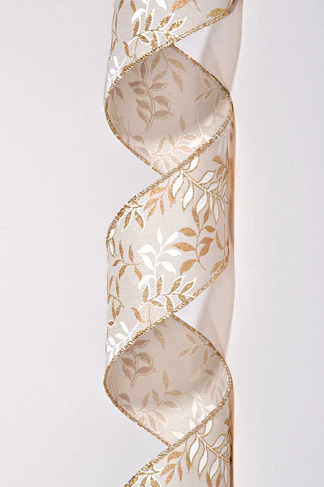 2.5" x 10Yds Wired Linen Ivory Pressed Branche Ribbon White/Gold