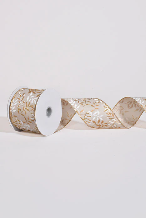 2.5" x 10Yds Wired Linen Ivory Pressed Branche Ribbon White/Gold - Image 2