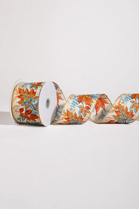 2.5" x 10Yds Wired Linen Orange- Blue Leaves and Ferns Ribbon Ivory - Image 2