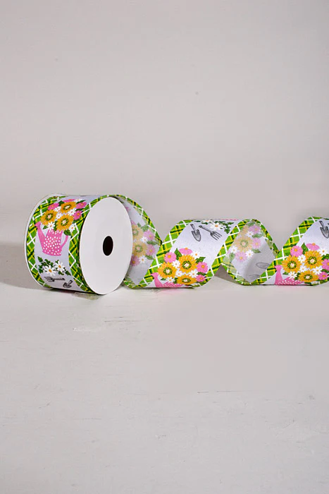 2.5" X 10Yds Wired Linen Watering Can Flowers Ribbon White/Pink - Image 2