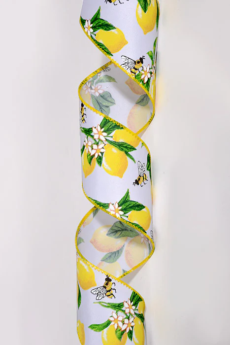 2.5" x 10Yds Wired Satin Lemons & Bees Ribbon Yellow/Green