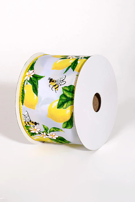 2.5" x 10Yds Wired Satin Lemons & Bees Ribbon Yellow/Green - Image 2