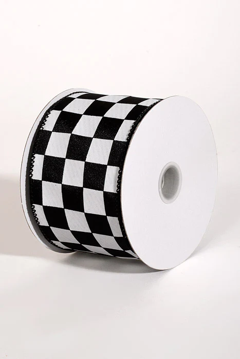 2.5" X 10Yds Wired Satin Race Check Ribbon White/Black - Image 2