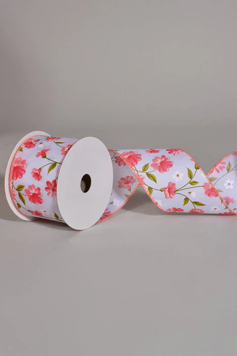 2.5" X 10Yds Wired White Satin Flutter Flowers Ribbon White/Blush - Image 2