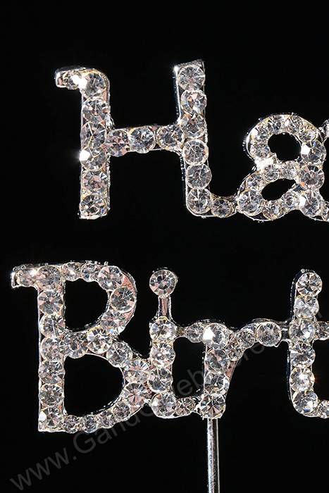 2" Rhinestone Happy Birthday Cake Topper Silver - Image 2