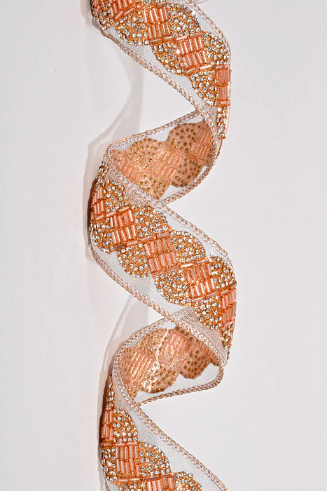 2" X 5Yds Wired Sheer Beaded Pave Ribbon Rose Gold