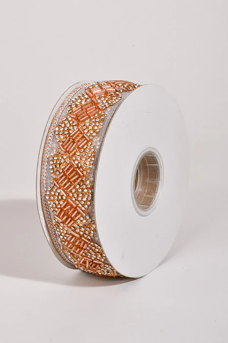2" X 5Yds Wired Sheer Beaded Pave Ribbon Rose Gold - Image 2