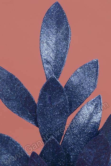 20" Glittered Bay Leaf Spray Dark Blue - Image 2