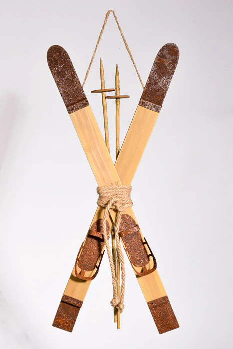 21" Metal Winter Skis/Pole Ornament Brown/Natural