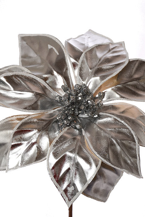 22" Metallic Glitzy Poinsettia Stem Shiny Silver - Image 2