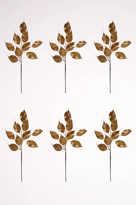23" Glitter Ficus Leaf Spray Gold Pkg/6 - Image 3