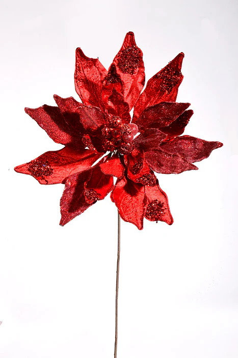 24" Glitter Jewel Display Poinsettia Stem Red