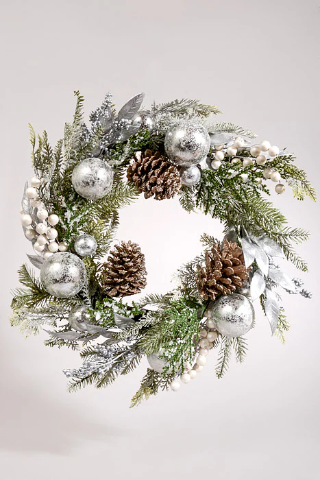 24" Ice Ball Berry Cone Wreath Champagne/Silver