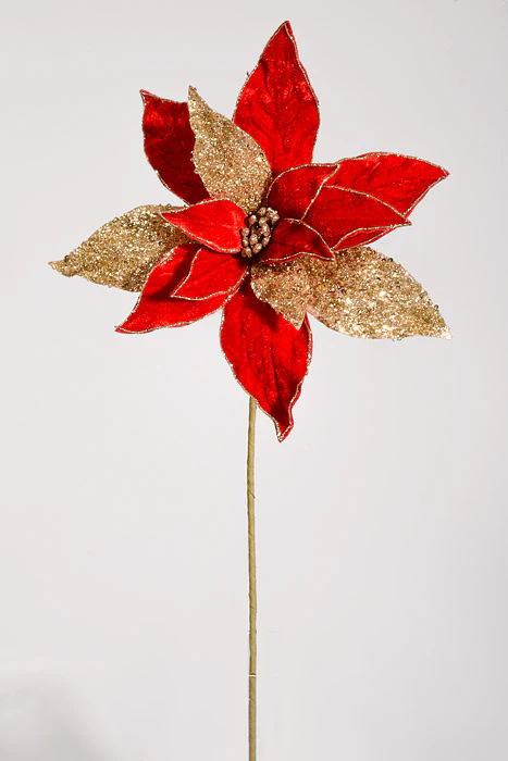 24" Regal Velvet with Glitter Poinsettia Stem Red/Gold